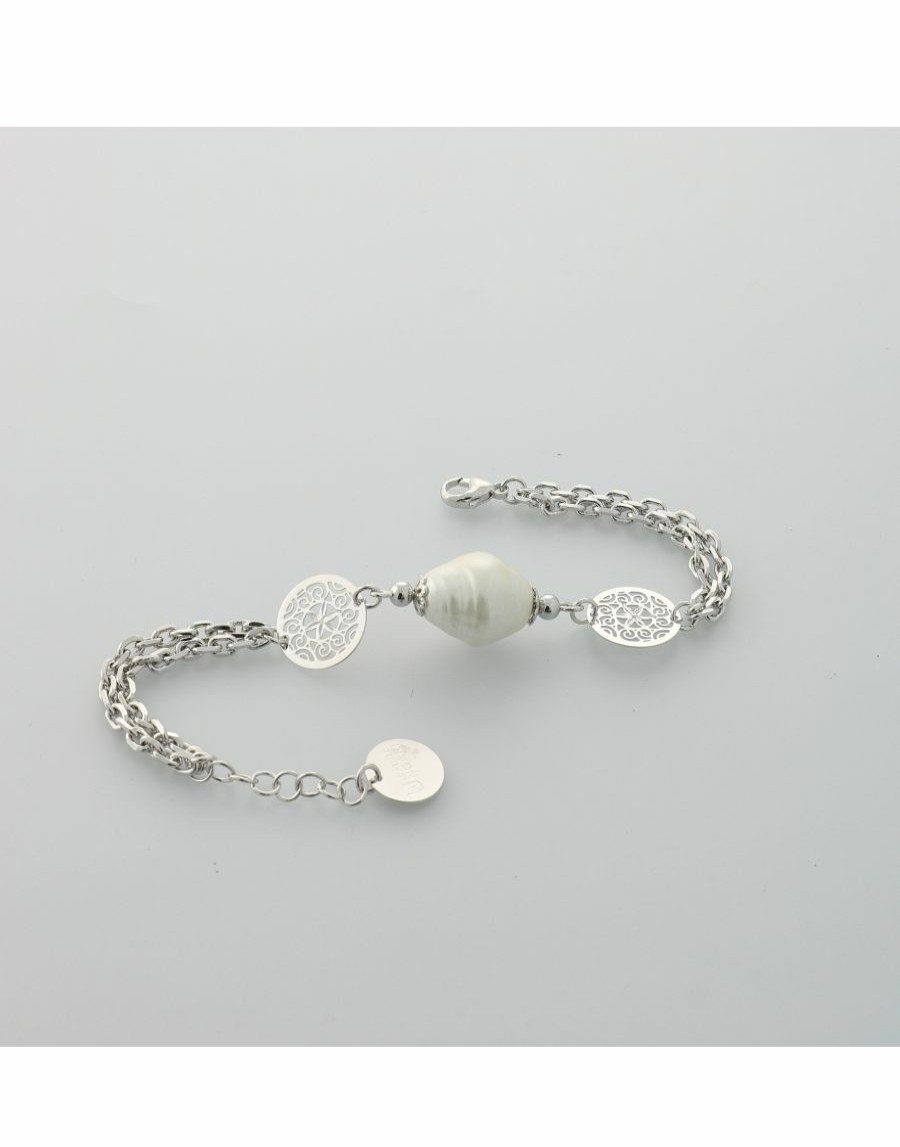 Frauen Scalia-Gruppe Schmuck | Lorenzo Ungari Ungarit-Armband Mit Plaketten Und Perle Rhodiniertes Silber